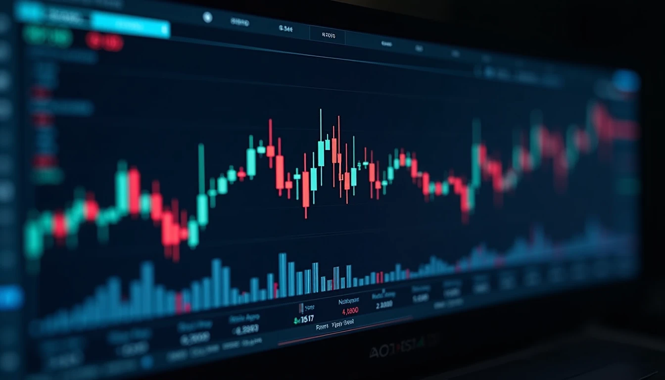 AI trading bot algorithm stock market charts cryptocurrency detailed 4K monitor display showing candlestick patterns moving averages and buy sell signals generated by neural network overlay on dark background