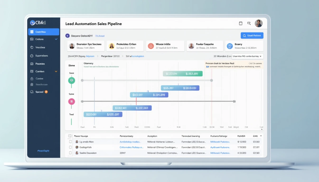 CRM automation ChatGPT lead qualification sales pipeline detailed dashboard view showing kanban board with probability percentages calculated by AI and contact details enriched with social media data
