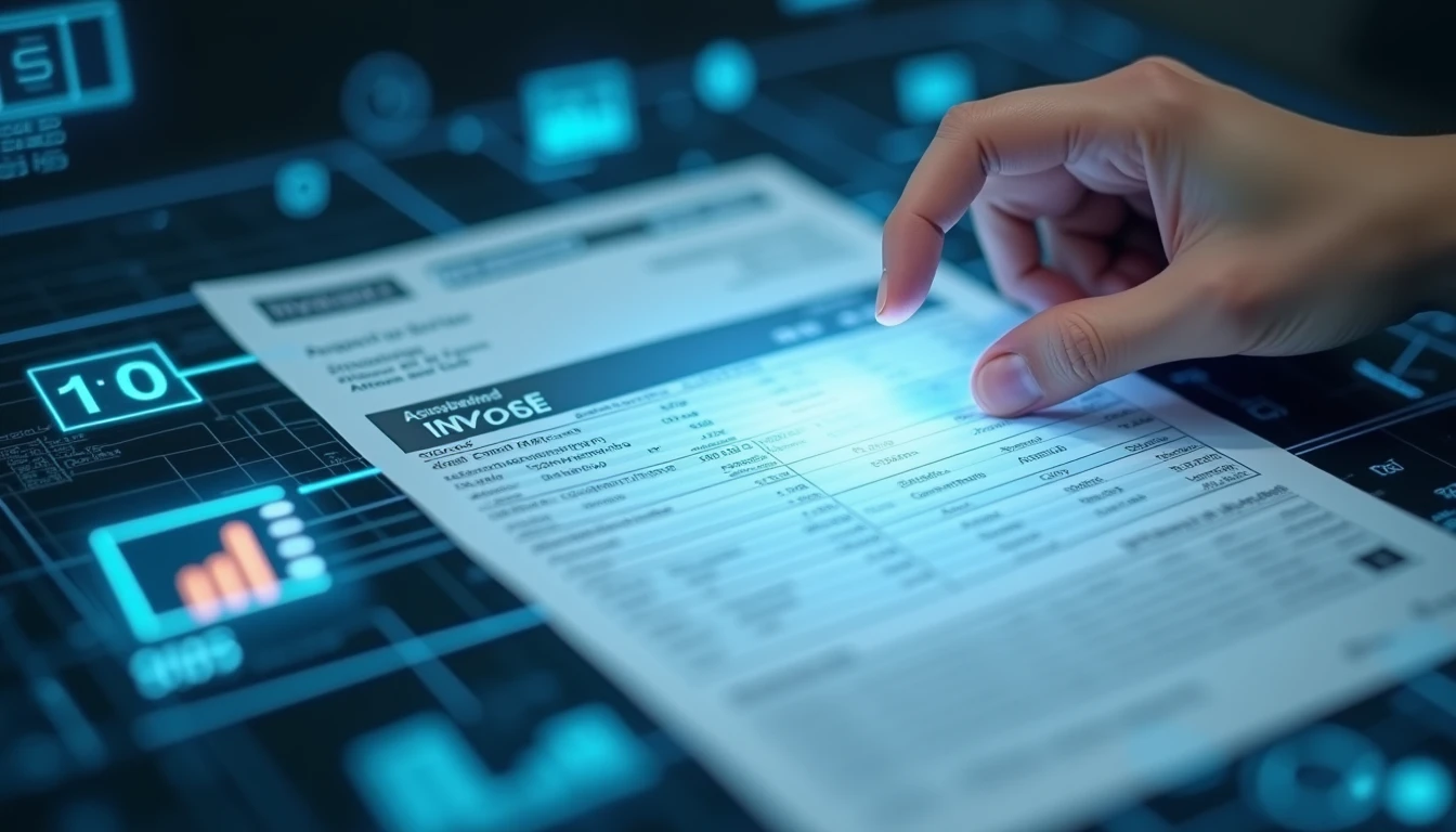 Data extraction document processing OCR AI automation detailed visualization showing scanning of paper invoice converting to digital text highlighting key fields like date amount and tax ID