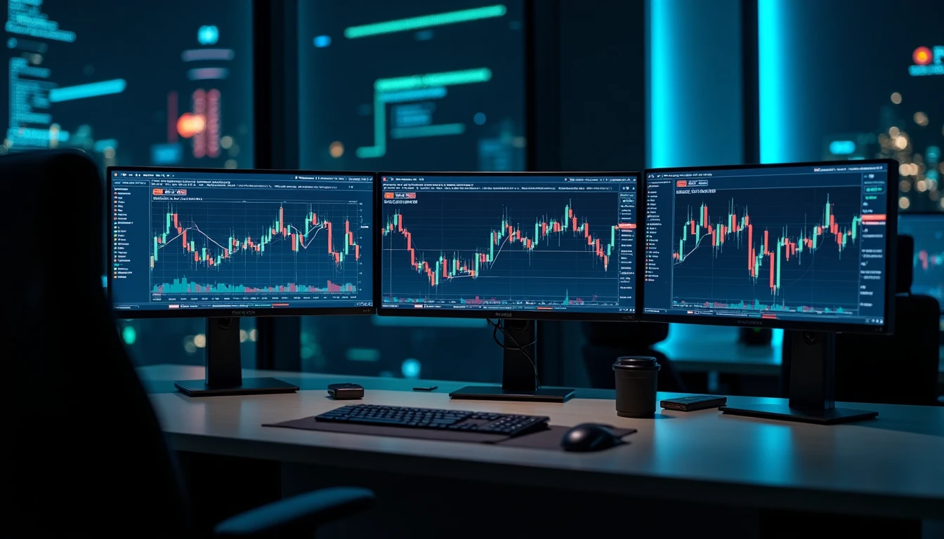 Modern AI automation workspace n8n interface ChatGPT integration dashboard detailed 4K high resolution monitor setup programming code background dark mode office environment Berlin style tech startup atmosphere futuristic lighting ergonomic desk setup multiple screens showing data flow diagrams and stock market charts simultaneously