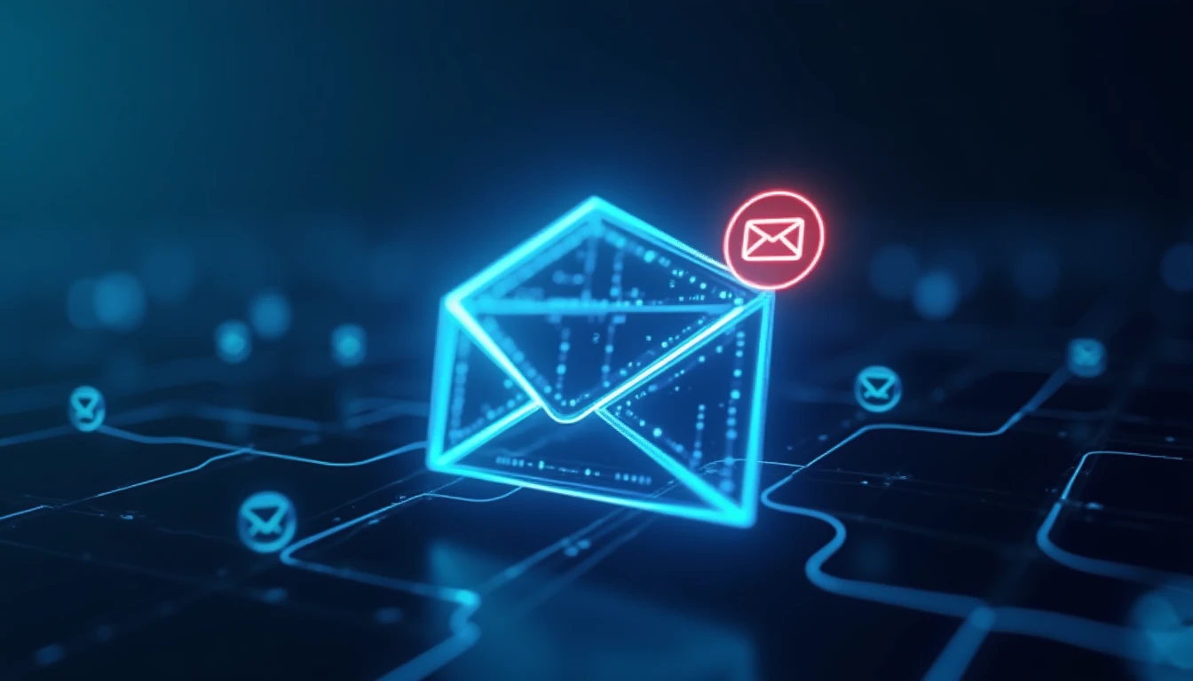 Email newsletter subscription digital communication modern interface detailed illustration showing envelope icon with notification badge and futuristic connection lines representing digital delivery